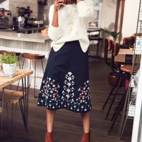 Boden Brooke Embroidered Floral A-Line Linen Cotton Blend Skirt In Blue US Sz 12 - Picture 2 of 8